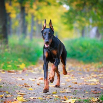 A Doberman dog swiftly running through the woods showcases the agility and strength of this breed.